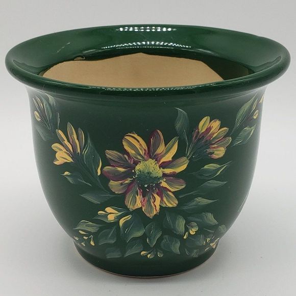 Signed Vintage Green Pottery Hand Painted Yellow Purple Glazed Planter - Picture 1 of 8